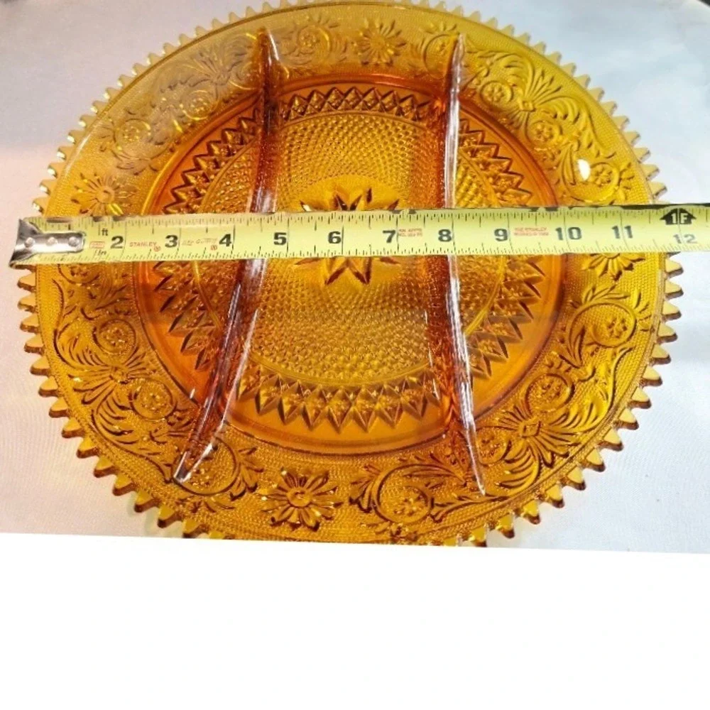Vintage Tiara Indiana Amber Glass Platter, Divided Relish Dish, Party Tray, 12